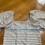 Ann Taylor  Striped Smoked back square neck Tan & White Balloon Sleeve Top Sz L Photo 3