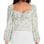 Gianni Bini  White Blue Floral Milkmaid Blouse‎ Top Crop Long Sleeve Size 12 New Photo 0