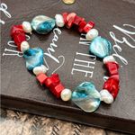 Vintage Y2K Shell Coral Pearl Stretch Bracelet – Red Blue Beaded Photo 1