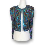 Scala Vintage  Silk Sequin Beaded Collarless Jacket Jewel Tone Crop Glam Petite Photo 10