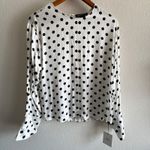 Something Navy Polka Dot Ivory Black Long Sleeve Button Cuff Top Blouse Photo 1