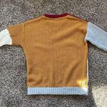 Cable knit, patchwork sweater, maroon, tan, white. Red Photo 1