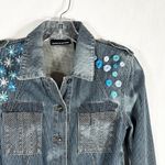 DKNY ‎ Small Jean Jacket Reworked Denim Hand Embroidered Bleached Distressed 509 Photo 3