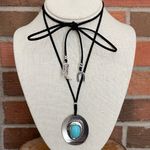 Faux Leather Tie Choker Necklace with Western Charms Black Photo 0