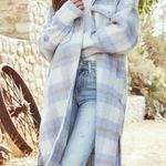 Miss Lola  Blue Plaid Long Line Side Slit Fuzzy Button Down Shacket Jacket M/L Photo 0