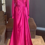 Women’s Pink Satin Full Length Long Sleeve Dress Corset Back Leg Slit Size 8 Photo 0