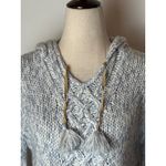 By Next Era Sweater Women Medium Blue White Cable Knit Hooded Pullover Tassel Photo 6