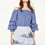 ZARA Blue & White Stripe Tiered Ruffle Floral Embroidered Mini Skirt Size XS Photo 1