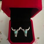 Women’s Stainless Steel Silver Faux Turquoise Western Style Stud Earrings Photo 0