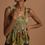 NEW Anthropologie Smocked Velvet Babydoll Top Womens XL Green Fall Foliage Print Photo 0