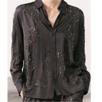 ZARA  black embellished/embroidered floral detail satin long sleeve button shirt Photo 1