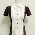 Birdie Bee Brown White Pleated Button Up Short Puff Sleeve Collared Top XS Photo 0