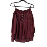Tobi  M Cold Shoulder Lace Trim Blouse Maroon Flare Sleeve Boho Coquette Romantic Photo 12