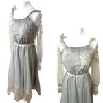 Gray Midi Dress‎ Long Sleeve Floral Embroidered Party Cocktail Evening Photo 2