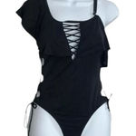 Sexy Black Ruffle One Piece Swimsuit Size M Asymmetric Neck Criss Cross Lace Up Black Size M Photo 0