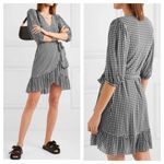 Ganni Gingham Mesh Wrap Mini Dress Size 40 Ruffle Stretch Black White Check Photo 7