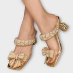 Beaded Rhinestone Bow Knot Kitten Heels Slide Mules Sandal Gold Size EU 40, US 9 Photo 10
