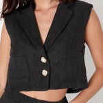 Lulus Perfect Company Black Tweed Cropped Sleeveless Blazer Pearl Buttons Small Photo 0