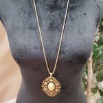 Womens Vintage Gold Tone Faux Pearl Cabochon Rhinestones Necklace Photo 0