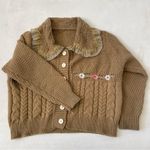 Vintage Sweater Grandma’s Peter Pan Collar Floral Embroidered Tan Size M Photo 2