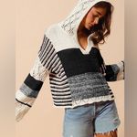 Anthropologie Black crochet knit color block hooded sweater bohemian tunic top Photo 0