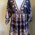 Retro Dress M Black Print V Neck Tie Mini boho whimsigoth Y2K resortwear tan Size M Photo 0