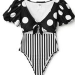 Tabitha Brown x Target Swimsuit 24W Plus One Piece Striped Dot Print Tie Front Black Photo 2