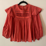 Free People  Laura Pink Red Eyelet Boho Gauze Blouse Flowy Women's size Medium Photo 0