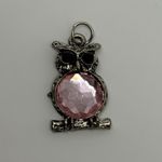 Owl Charm Pendant Pink Rhinestone Silver Tone Animal Jewelry Black Onyx Eyes Photo 6