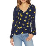 Lucky Brand Women’s Floral Split Neck Long Sleeve Boho Top Blouse Navy Blue Yellow Small Photo 0