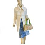 ETRO GREEN FAUX LEATHER TRIM W/TAN & GRAY COTTON PAISLEY PRINT BODY SATCHEL BAG Photo 5