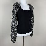 Anthropologie By Top Womens XL Black Floral Woven Ruffle-Sleeve Sweater Ribbed Photo 12