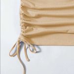 Beige Drawstring Ruched Sleeveless Ribbed Knit Bodycon Mini Dress Photo 3