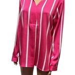 Investments  Pink White Striped Satin Long Sleeve Split Neck Blouse Womens Medium Photo 0
