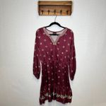 Shyanne Burgundy Embroidered V Neck Smocked Waist Ruffle Hem Dress Women Large Photo 1