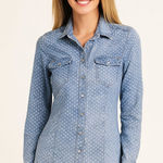 Anthropologie  Daniel Rainn Star Print Snap Front Denim Chambray Top Size M Photo 0