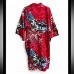 Vintage Kimono Robe One Size Red Japanese Sakura Print Tie Belt Mid Length Photo 2