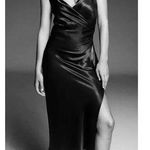 ZARA Satin Slip Dress Midi Black Viscose Draped V Neck Minimalist Classic S NWT Photo 0