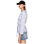 ZARA Off Wide Shoulder Striped Wrap Belted Waist Cotton Top Blouse Blue White XS Photo 8