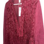 Chico's  Lace Trim Blazer Jacket Open Front Burgundy Career Size 3 Suede Boho‎ Photo 1