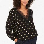 EXPRESS Floral Blouse Long Sleeve V-Neck Top Black Lace Women’s Sz Small Photo 0