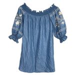 ZARA  Off The Shoulder Embroidered Denim Chambray Floral Mini Dress XS Blue White Photo 11