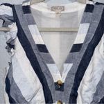 Point Sur Linen Midi Dress Striped Button Front Ruffle
Shoulder Preowned Size 2 White Photo 2