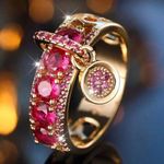 🆕 Luxury Ring For Women, Circular Shaped With Pendant Loop DesignGold & Pink🆕 Pink Size 10 Photo 0