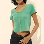 American Eagle AE Baby Tee Ribbed Snap Front Cropped Lettuce Hem Tee Green Size S Photo 0