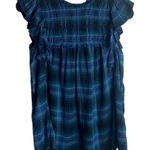 Beach Lunch Lounge Size XS Plaid Ruffled Smocked Blouse Blue Dark Academia Boho Photo 0
