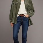 ZARA Womens Shacket Sz M Olive Green Corduroy Shirt Jacket Raw Hem Oversized Photo 2