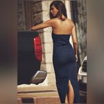 ZARA Dark Denim Strapless Raw Hem Back Slit Bodycon Tube Midi Dress Size XS Photo 5