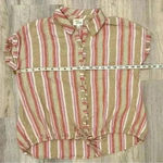 Ava James  Linen Blend Short Sleeve Button Shirt Striped Drawstring Top Size M Photo 3