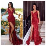 PORTIA AND SCARLETT Red Glitter Feather Gown Dress with Train PS21228 Size Size 0 Photo 2